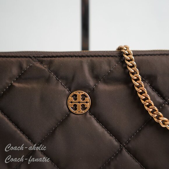 NWT Tory Burch Willa Nylon Zip Shoulder Bag in Dark Roast - Picture 2 of 11